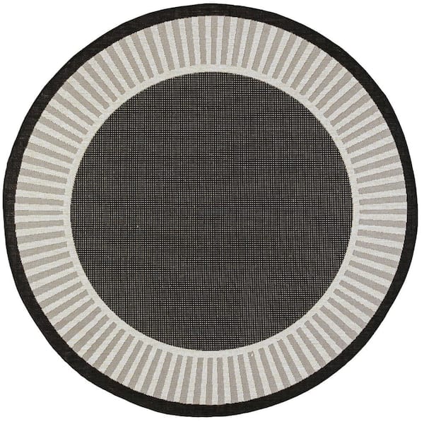 Eco Striped Border Black 8 ft. Round Indoor/Outdoor Area Rug