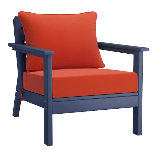 WESTIN OUTDOOR Birchwood Outdoor Patio Deep Seating HDPE Plastic Lounge Chair in Navy Blue with Orange Cushions