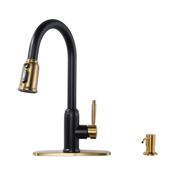 IVIGA 15.4 in. Single Handle Pull Down Sprayer Kitchen Faucet with 360° Swivel Spout and Soap Dispenser in Black and Gold