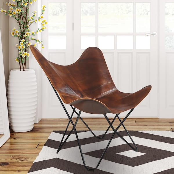 LR Home Two Tone Canvas and Leather Butterfly Chair - 37 L x 27 W x 16 D - Cream/Brown