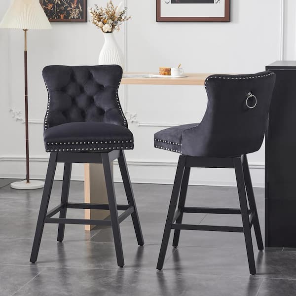 26 in. Black Velvet Upholstered Solid Wood Frame Counter Height Bar Stool Swivel Counter Stool with Back (Set of 2)