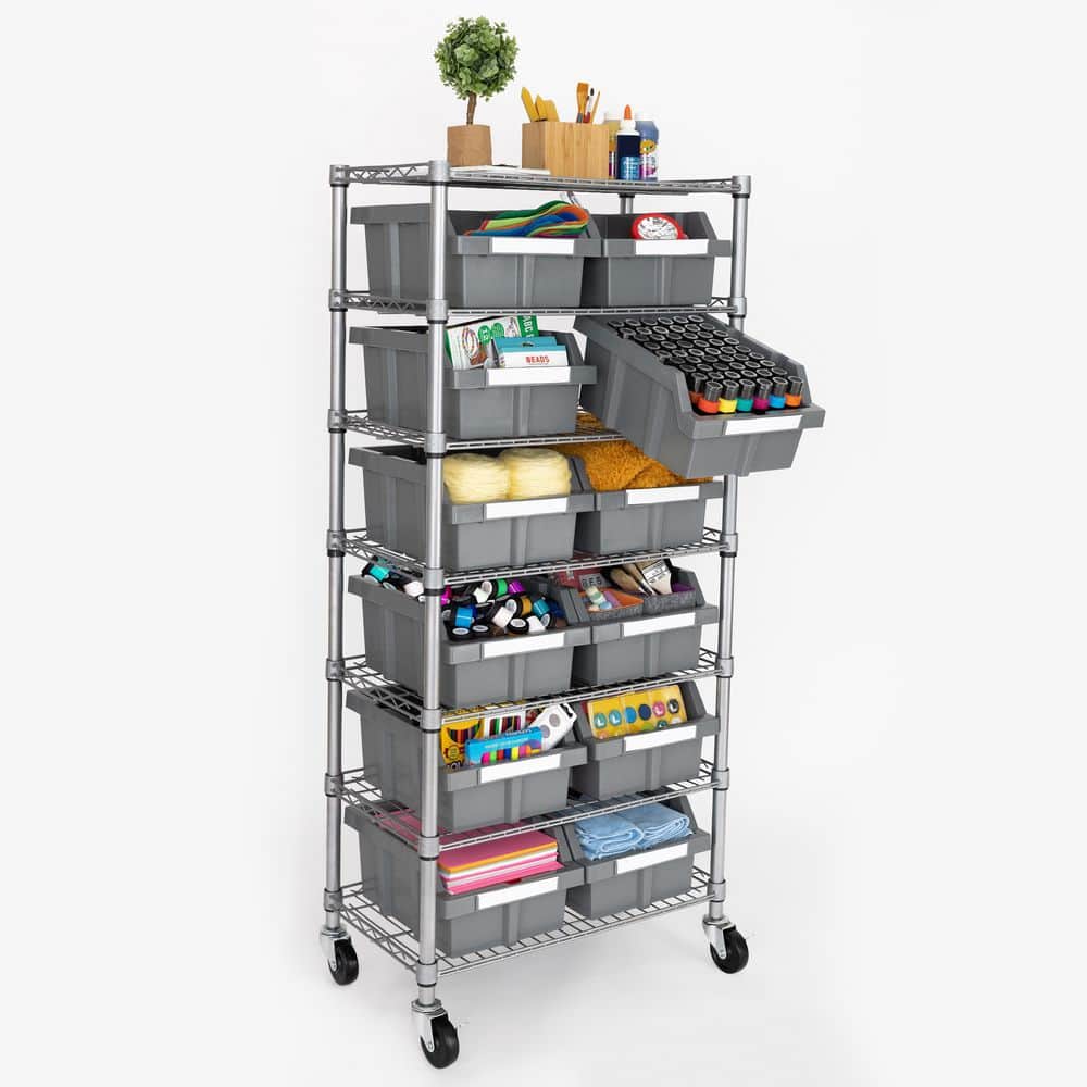 Gray 7-Tier Steel Wire Shelving Unit with 12 Bins