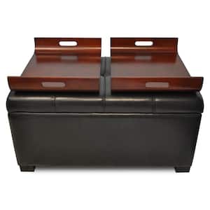 Designs4Comfort Espresso Faux Leather Storage Ottoman with Bentwood Trays