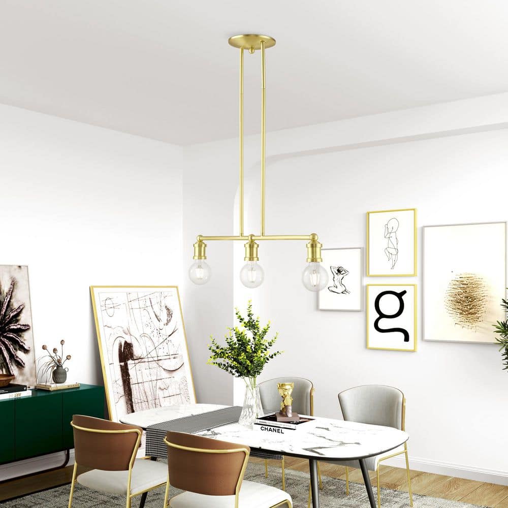 Lansdale Satin Brass 3-Light Linear Chandelier with Exposed Bulbs