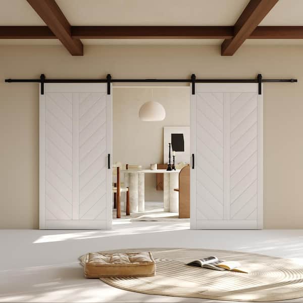 84 in. x 84 in. Paneled V Shape MDF White Prefinished Double Sliding Barn Door Slab with Hardware Kit