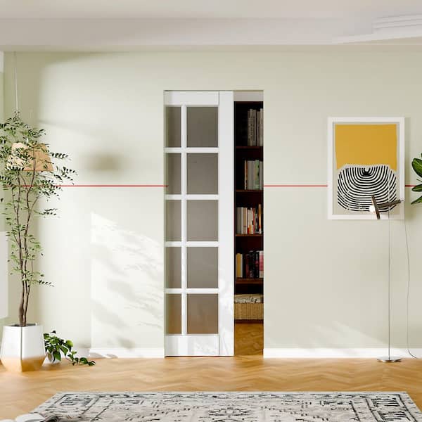 30 in. x 80 in. 10 Lite, Frosted Glass, Solid Core, DIY Painted, White Primed, MDF Sliding Door with All Hardware