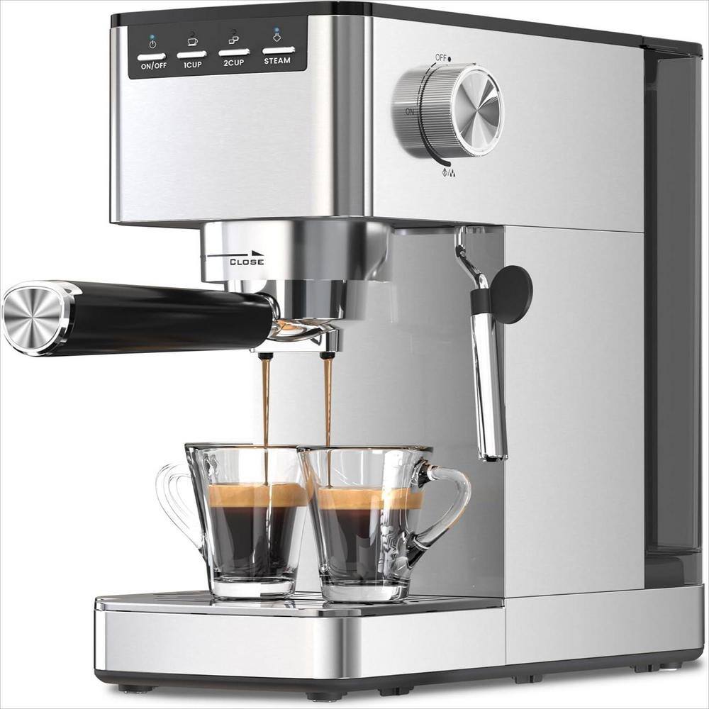 2-Cup Stainless Steel Silver Espresso Coffee Maker with Space Saving Design with Milk Frother Steam Wand