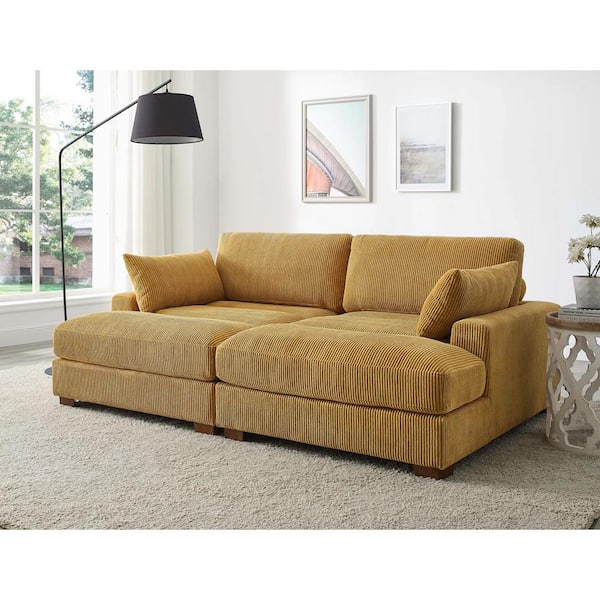 Monland 90 in. Square Arm Polyester Upholstered Rectangle Sofa Deep-Seated Oversized 2-Piece Sectional Couches in. Yellow