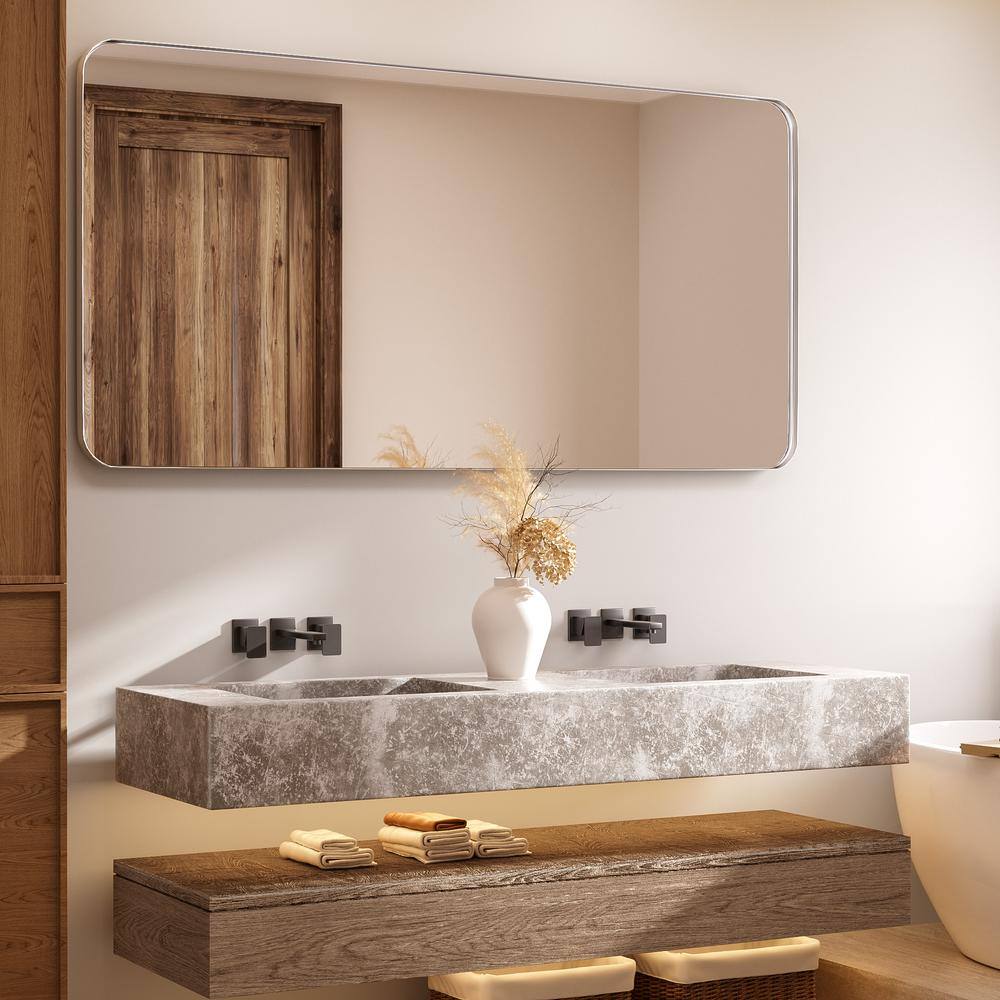 72 in. W x 36 in. H Tempered Glass Rounded Rectangle Framed Wall-Mounted Bathroom Vanity Mirror in Silver price history on PriceWatchPro