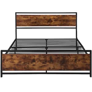 Black Plus Brown Modern Metal Wood Frame Queen Size Platform Bed with Large Under Bed Storage