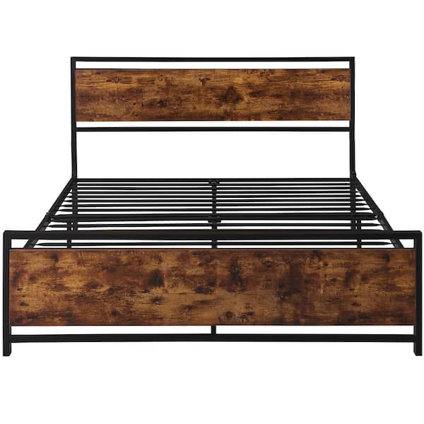 Clihome Black Plus Brown Modern Metal Wood Frame Queen Size Platform Bed with Large Under Bed Storage