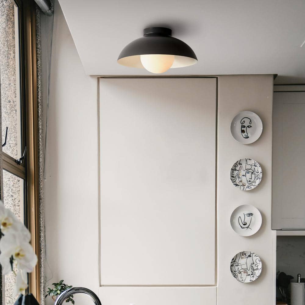 Matte Black and Milk Glass Dome Flush Mount Ceiling Light
