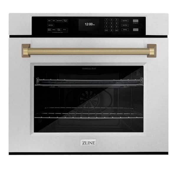 Autograph 30 in. True Convection Single Wall Oven with Air Fry in Satin Steel with Champagne Bronze Helix Handle