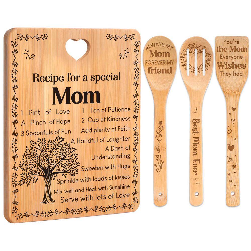 4-Piece Natural Bamboo Kitchen Utensil Set with Engraved Cutting Board, Ladle, Spatula, Colander for Mom Gift price history on PriceWatchPro