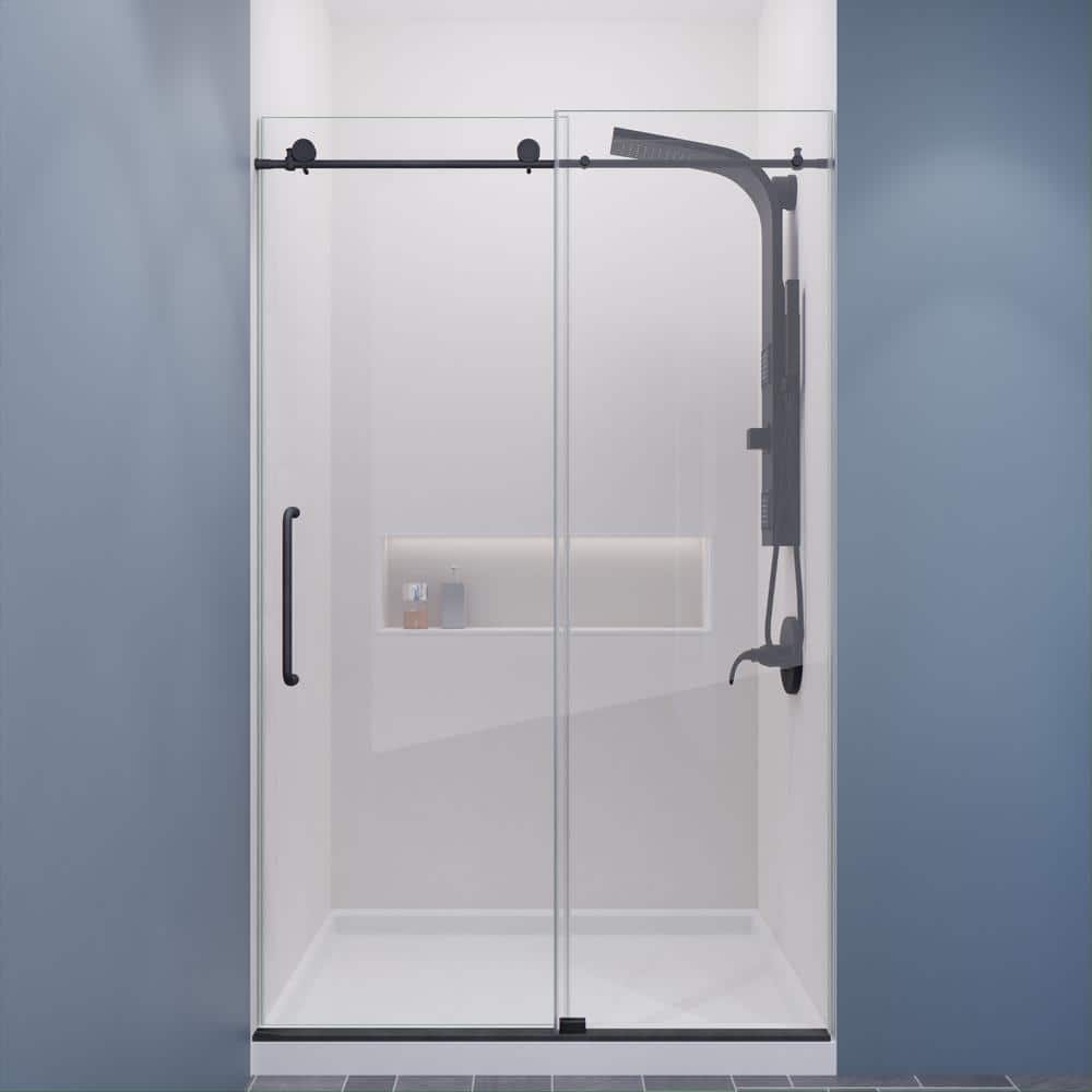 Gunmetal Frameless Sliding Shower Door with Handle, 48" x 76"