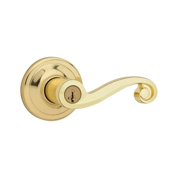 Kwikset Lido Polished Brass Entry Door Lever Featuring SmartKey Security with Microban Antimicrobial Technology