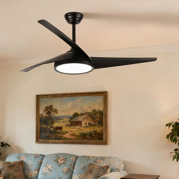 52 in. Smart Black 6-Speed Black Blades 2-Size Downrod Mount Standard Ceiling Fan with 3-Color Dimmable LED Light