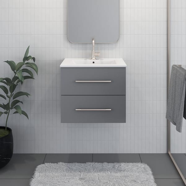 VOLPA USA AMERICAN CRAFTED VANITIES Napa 24 in. W x 18 in. D Wall Mounted Floating Bath Vanity in Gray with Ceramic Vanity Top in White with White Basin