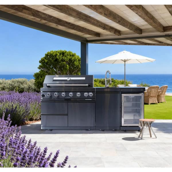 6-Burner Propane Gas Grill Island in Black 85000 BTU Deluxe Stainless Steel Outdoor Kitchen with Wheels and Refrigerator