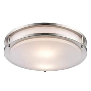 Barnes 14 in. 2-Light Brushed Nickel Flush Mount Ceiling Light with Frosted Acrylic Shade