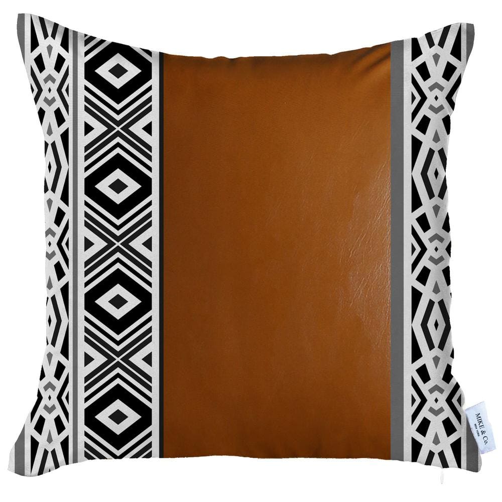 Brown Geometric Vegan Faux Leather 17" x 17" Throw Pillow
