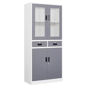 70.87'' H 4-Tier Grey and White Storage Cabinet, Metal Cabinets with Glass Doors and Shelves, Kitchen Organization