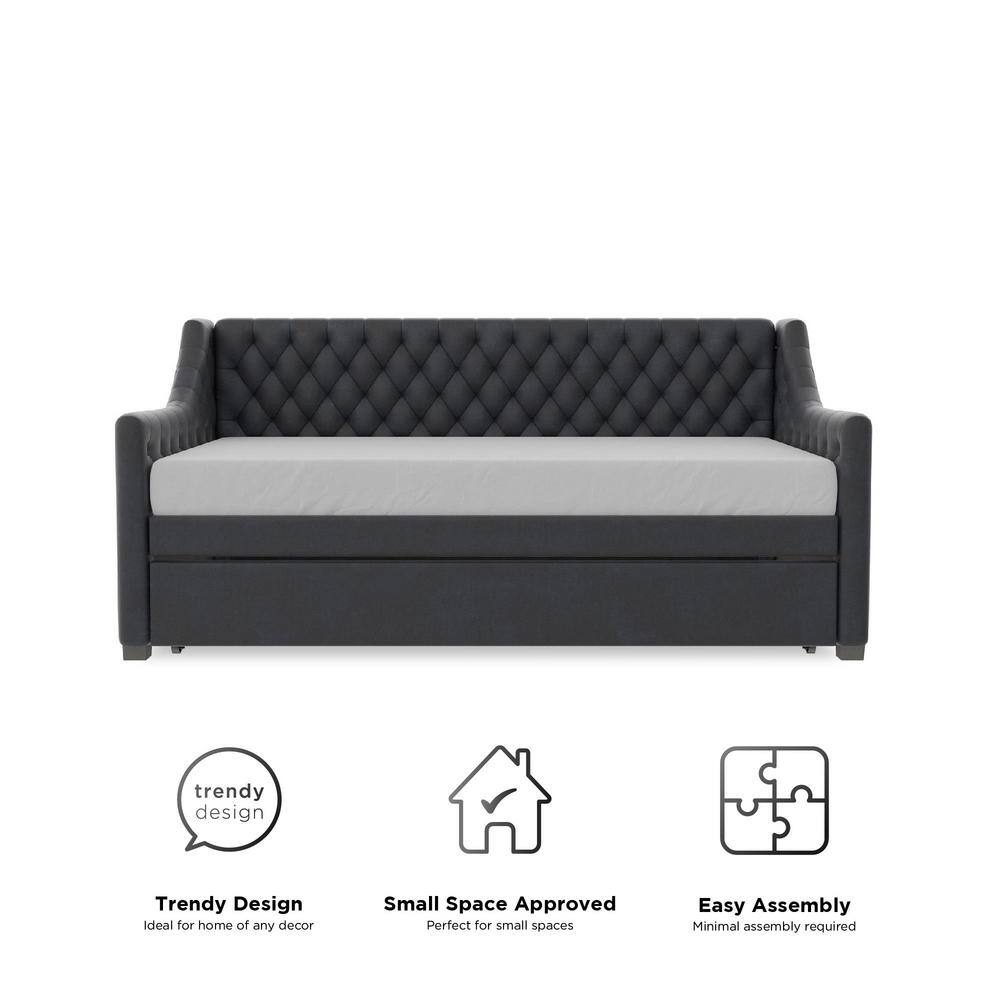 Navy Blue Velvet Twin Daybed with Trundle and Tufted Upholstery