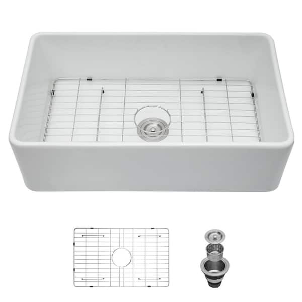 Unbranded White Ceramic 30 in. Rectangular Single Bowl Farmhouse Apron Kitchen Sink with Grid and Strainer