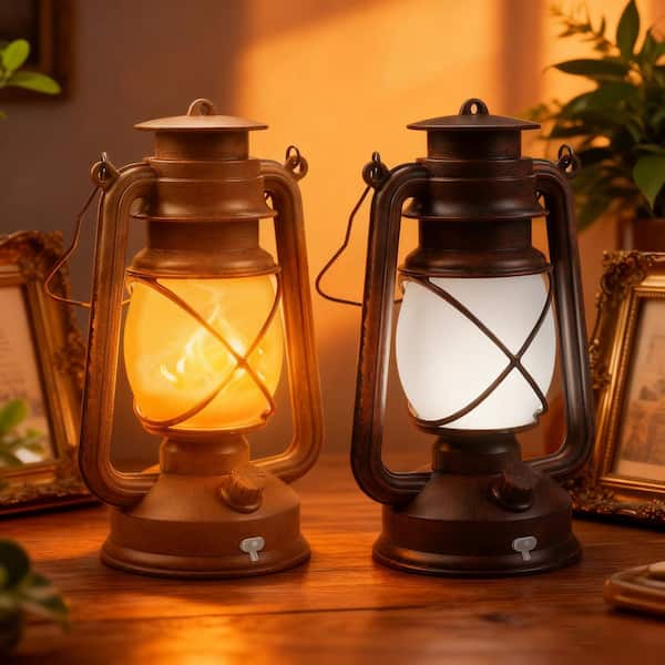 14.6 in. Bronze 4 Modes LED Lantern with Dancing Flame and Remote Control, Waterproof Hanging Light for Indoor (2-Pack)