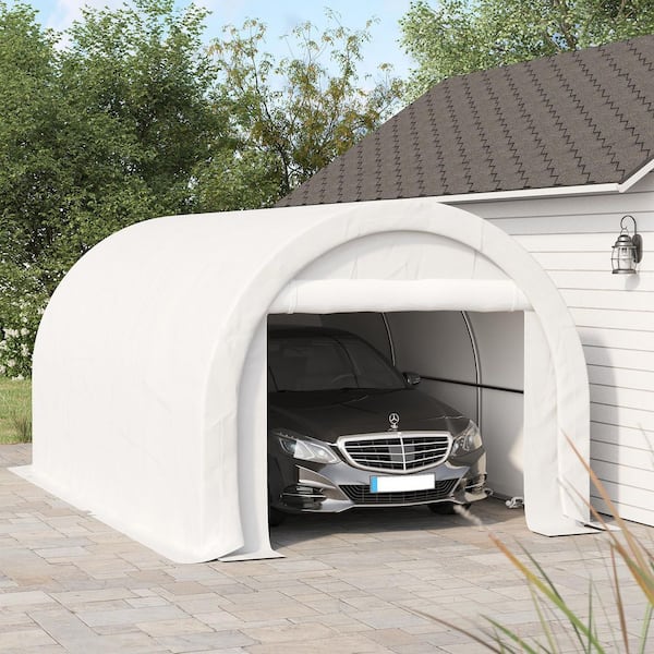 10 ft. W x 16 ft. D x 7.8 ft. H White Roof Heavy Duty Steel Garage Carport with Zippered Door, Anti-UV PE Canopy Cover