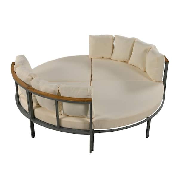 Zeus & Ruta Black Metal Outdoor Sectional Sofa Set Patio Conversation Set with Beige Cushion for Garden and Poolside (4-Piece)