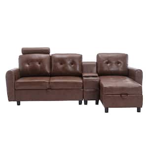 89 in. Square Arm 3-Piece Faux Leather L-Shaped Sectional Sofa in Brown with Chaise