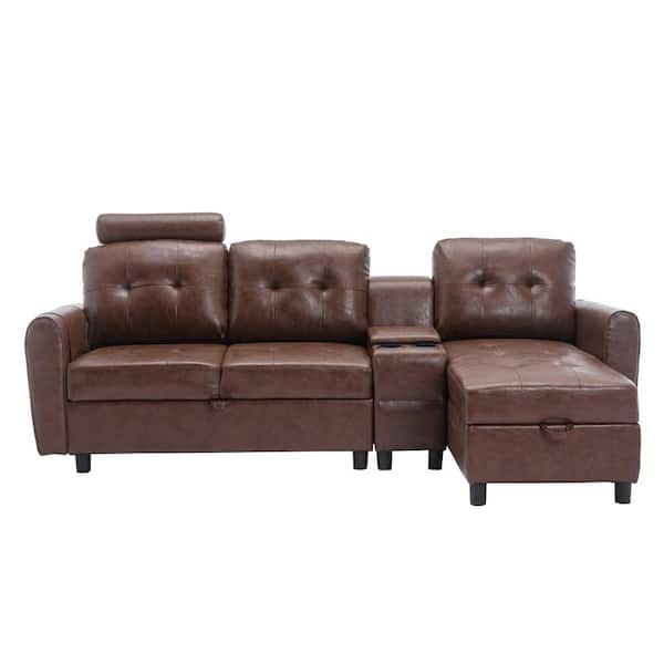 HOMEFUN 89 in. Square Arm 3-Piece Faux Leather L-Shaped Sectional Sofa in Brown with Chaise