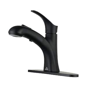 Single Handle Single Hole Bathroom Faucet with Pull-Out Sprayer head, Deckplate Included in Stainless steel Matte Black