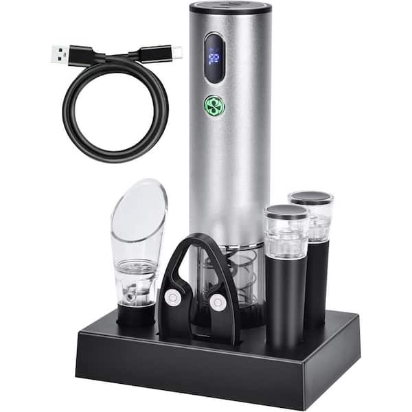 Silver Rechargeable Wine Bottle Opener Set with Base, Wine Aerator, Foil Cutter and Wine Stoppers, USB-C Charging
