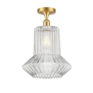 Springwater 12 in. 1-Light Satin Gold Industrial Semi-Flush Mount with Clear Glass Shade
