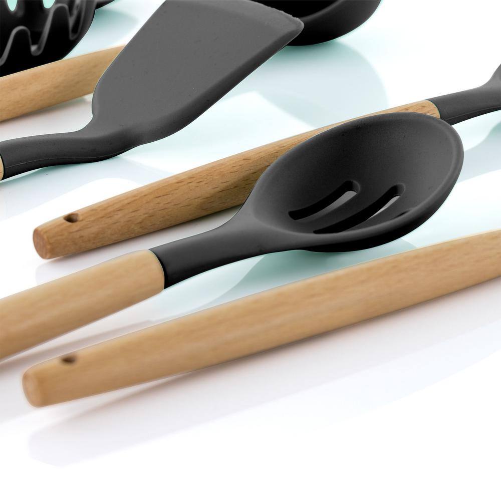 Gray Silicone and Wood 9-Piece Cooking Utensil Set