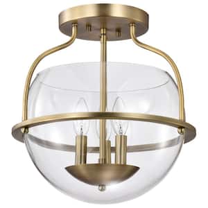 Amado 14 in. 3-Light Vintage Brass Traditional Semi-Flush Mount with Clear Glass Shade and No Bulbs Included