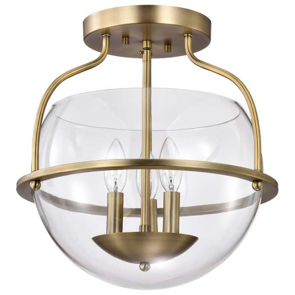 SATCO Amado 14 in. 3-Light Vintage Brass Traditional Semi-Flush Mount with Clear Glass Shade and No Bulbs Included