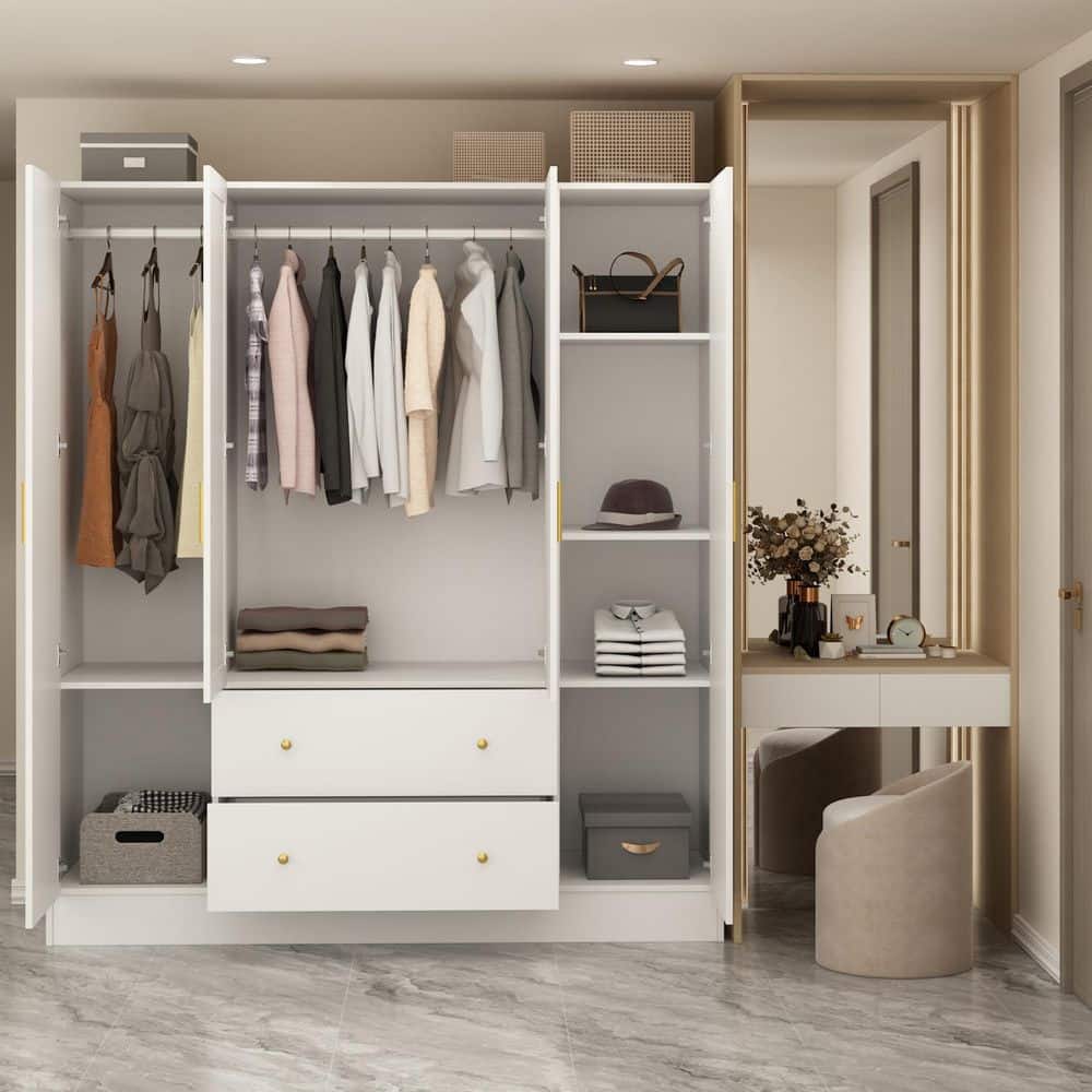 White 4-Door Armoires with Mirror, 2 Hanging Rods, 2-Drawers and Storage Shelves (19.7 in. D x 63 in. W x 70.9 in. H) - thumbnail 10