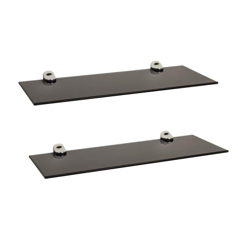 Modern Black Glass 20" Floating Wall Shelf Set with Chrome Brackets