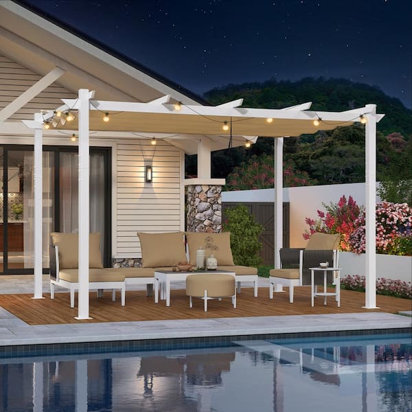 PURPLE LEAF 10 ft. x 13 ft. White Aluminum Frame Pergola with Beige Retractable Sun Shade Canopy Extra Roof and String Lights