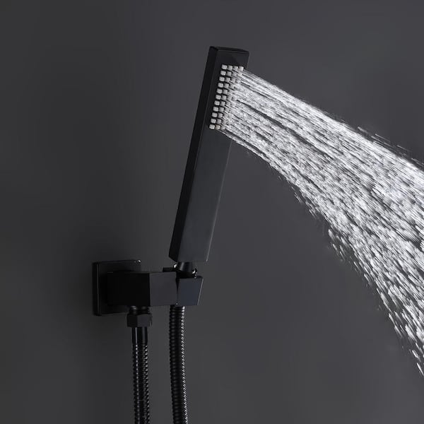 Modern Matte Black Wall Mounted 12 Rainfall Showerhead & Handheld Shower Set with Six Body Spray Jets Thermostatic Solid Brass