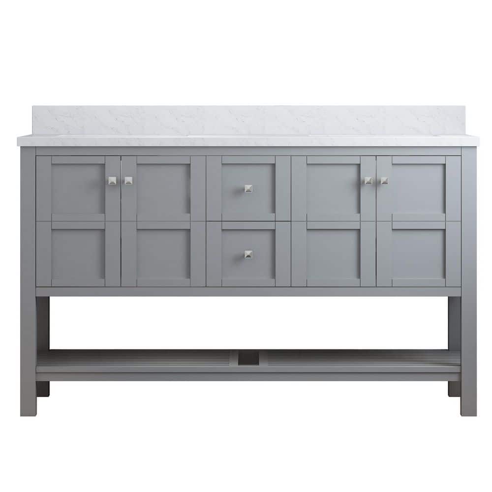 60 in. W x 22 in. D x 35.4 in. H Double Sink Solid Wood Bath Vanity in Gray with White Natural Marble Top and Basin