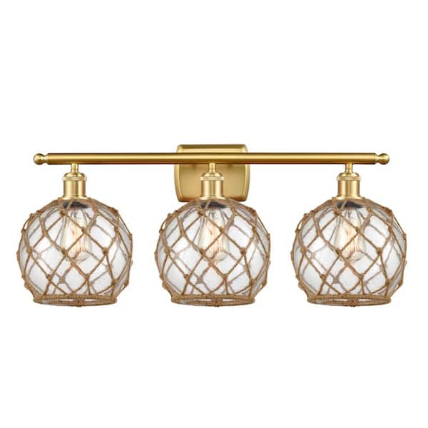 Farmhouse Rope 26 in. 3-Light Satin Gold, Clear Glass with Brown Rope Vanity Light with Clear Glass Shade