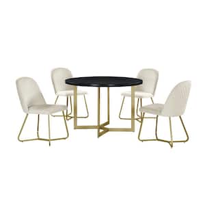 Daniela 5-Piece Circle Black Wooden Top Dining Set with Cream Velvet Fabric Chairs