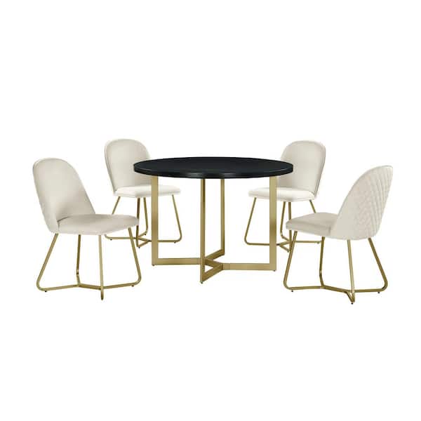 Best Quality Furniture Daniela 5-Piece Circle Black Wooden Top Dining Set with Cream Velvet Fabric Chairs
