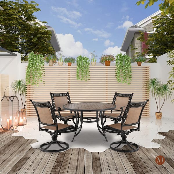 Classic 5-Piece Cast Aluminum Outdoor Dining Set with Swivel Sling Chairs & Ceramic Tile Top Table