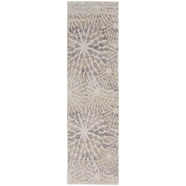 Nourison Sleek Textures Ivory/Grey 2 ft. x 8 ft. Abstract Modern Kitchen Runner Area Rug