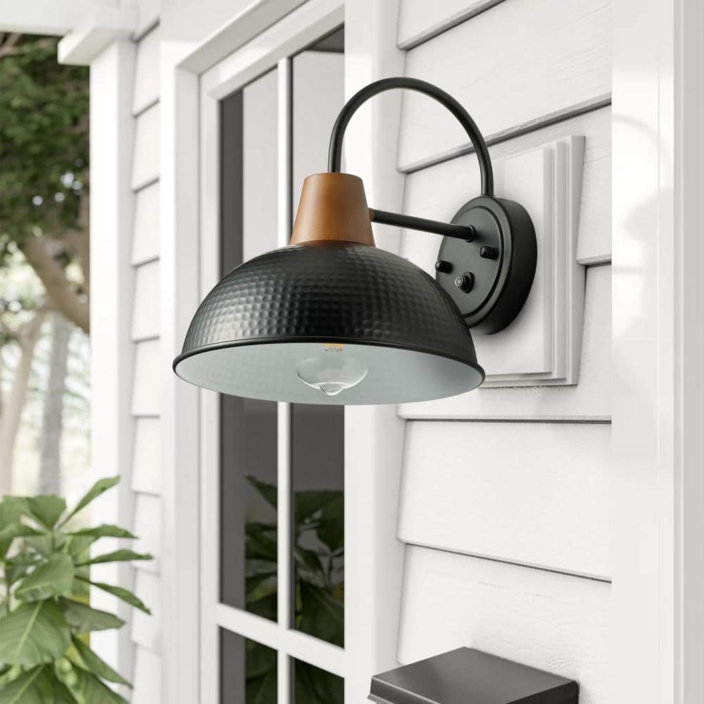 Black Iron Gooseneck Barn Wall Sconce with Wood Accent